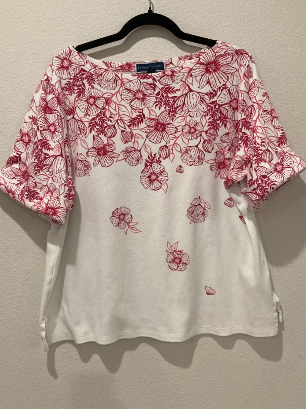 Karen Scott White Red Floral Border Print Boat Neck Top 2X